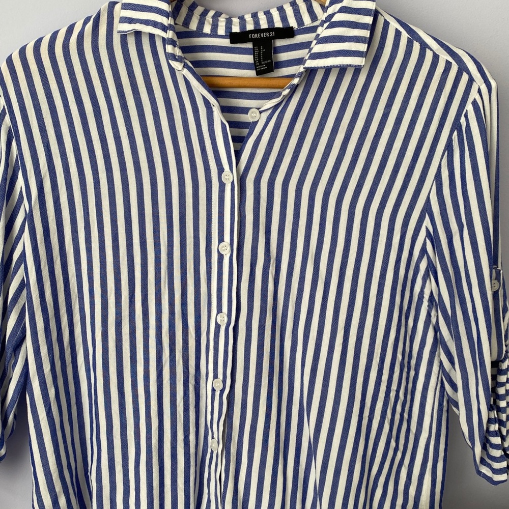 Blue and White Striped Button Up Tie Front Blouse